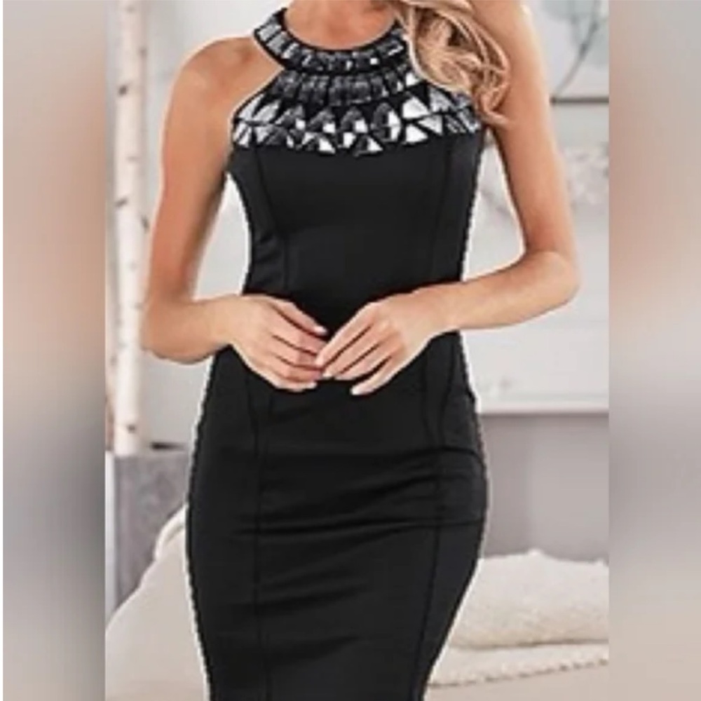 VENUS Black Dress with Embellished Neckline M